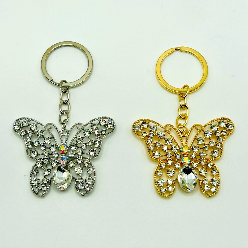Crystal Butterfly Keychain Charm | Rhinestone Bag or Key Accent | Gold & Silver